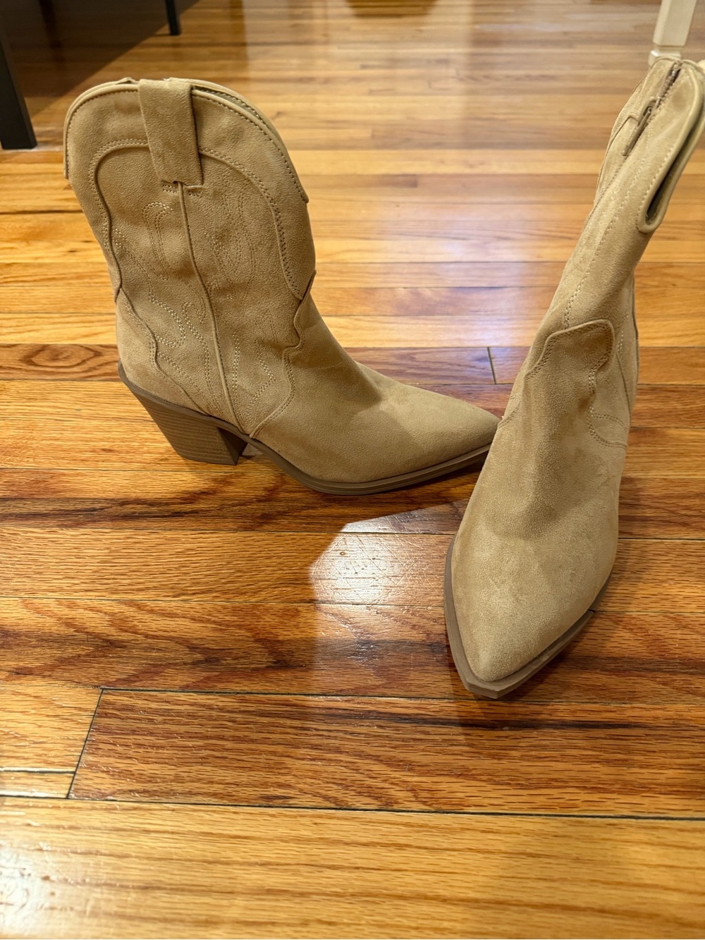 Pointed Toe Tan Suede Western Heeled Ankle Boots